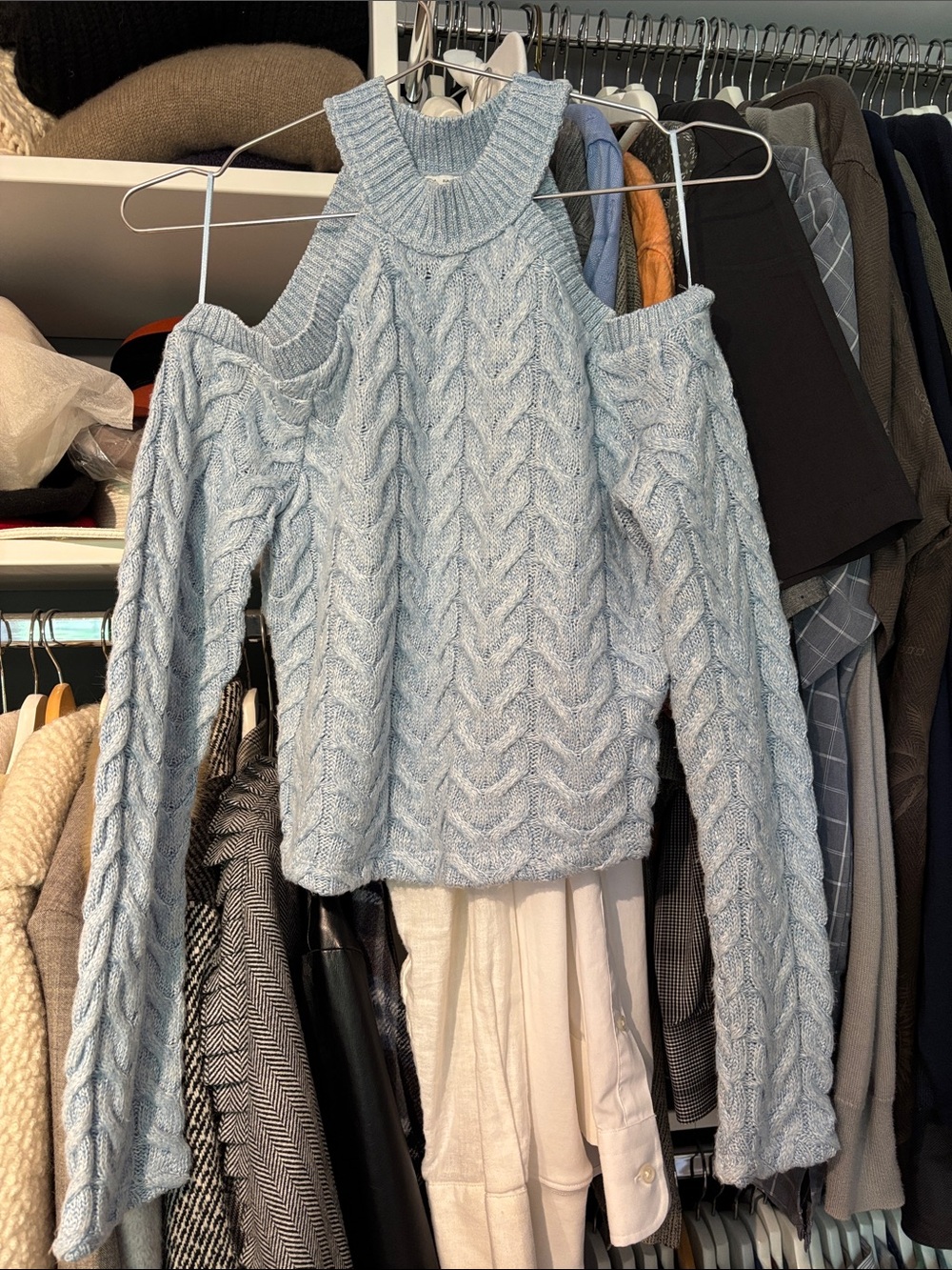 Zara Powder Blue Cable-Knit Cold-Shoulder Sweater